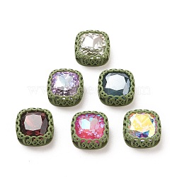 Sew on Rhinestone, Glass Rhinestone, with Brass Findings, Garments Accessories, Square, Mixed Color, Dark Olive Green, 21.5x21x10mm, Hole: 2.5mm and 3mm(RGLA-M008-J01-10)