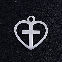 Non-Tarnish 201 Stainless Steel Hollow Charms, Crosslet Heart Charms, Heart with Cross, Stainless Steel Color, 12x12x1mm, Hole: 1.5mm(STAS-Q201-JN318-1)