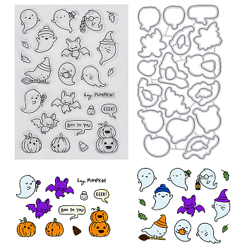 1Pc Halloween Theme PVC Plastic Clear Stamps, with 1Pc Carbon Steel Cutting Dies Stencils, for DIY Scrapbooking, Photo Album Decorative, Halloween Themed Pattern, Stamps: 164x114x3mm, Cutting Dies Stencils: 150x84x0.9mm