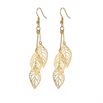 Iron Hollow Leaf Dangle Earrings, Brass Earring for Women, Golden, 78mm