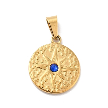 Vacuum Plating 304 Stainless Steel Pendants, with 201 Stainless Steel Snap On Bails and Sapphire Rhinestone, Flat Round with Star, Golden, 21.5x18x3mm, Hole: 7x3.3mm