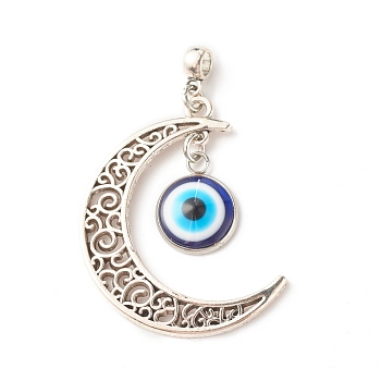 Alloy Hollow Moon 2-Loop Link Big Pendants, with Resin Evil Eye and Alloy Bail Beads, Antique Silver, Cadmium Free & Lead Free, Blue, 50.5mm, Hole: 3.6mm