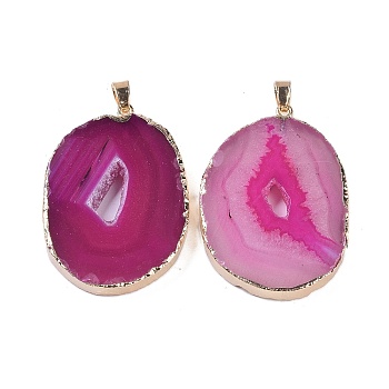 Natural Agate Big Pendants, Oval Charms, Dyed & Heated, with Golden Plated Brass Findings, Deep Pink, 50~62x33~43x5~7mm, Hole: 7.5x4.5mm