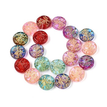 Glass Beads Strands, Flat Round with Sunflower, Golden Metal Enlaced, Colorful, 18x7mm, Hole: 0.9mm, about 20pcs/strand, 14.17''(36cm)