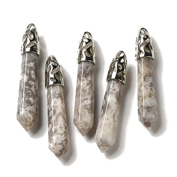 Natural Crazy Agate Pointed Big Pendants, Faceted Bullet Charms with Rack Plating Platinum Plated Brass Findings, 56~65x11~11.5x10~10.5mm, Hole: 4X3mm