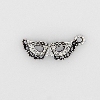 Carnival Decorations Tibetan Style Alloy Masquerade Mask Pendants, Mardi Gras Charms, Cadmium Free & Lead Free, Antique Silver, 21x8x3mm, Hole: 2mm