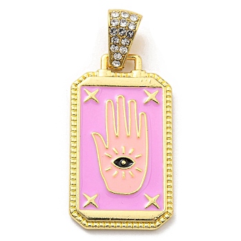 Rack Plating Alloy Enamel Pendants with Crystal Rhinestone Pendants, Rectangle Charms with Palm, Long-Lasting Plated, Lead Free & Cadmium Free, Golden, Pearl Pink, 36x20.5x2.5mm, Hole: 9.5x5.3mm