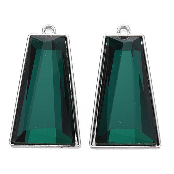 Faceted Glass Pendants, with Alloy Open Back Settings, Trapezoid, Cadmium Free & Lead Free, Green, Platinum, 49x26x8mm, Hole: 3mm