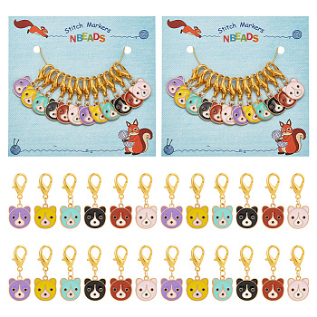 Alloy Ename Bear Head Pendant Locking Stitch Markers, Zinc Alloy Lobster Claw Clasp Stitch Marker, Mixed Color, 3.3cm, 6 colors, 2pcs/color, 12pcs/set