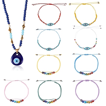 10Pcs 10 Style Evil Eye Braided Bead Bracelets & Pendant Necklace Sets, Adjustable Jewelry Set for Women, Mixed Color, 1-3/8~3-1/2 inch(3.3~9cm) Inner Diameter, 17.72 inch(45cm), 1pc/style
