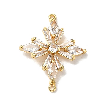 Brass Pave Clear Glass Rhinestone Connector Charms, Flower Links, Real 18K Gold Plated, 26.5x21.5x4.5mm, Hole: 1.2mm