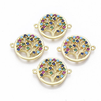 Brass Micro Pave Cubic Zirconia Links connectors, Flat Round with Tree of Life, Colorful, Golden, 15.5x20.5x2.5mm, Hole: 1mm