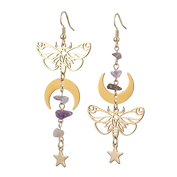 Natural Amethyst Chips Dangle Earrings, Brass Butterfly & Moon & Star Asymmetrical Earrings, Golden, 78x33mm
