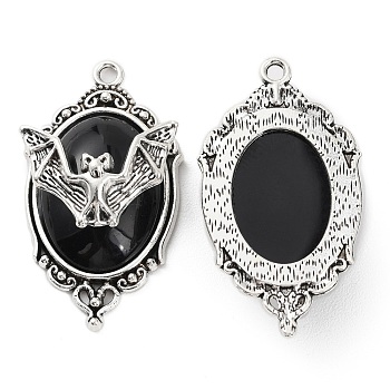 Halloween Alloy Oval Pendants, Bat Charms with Resin, Antique Silver, Black, 42.5x23.5x10mm, Hole: 2.2mm