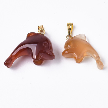 Natural Agate Pendants, with Golden Plated Metal(Brass or Iron Materials Random Delivery) Snap On Bails, Dyed, Dolphin, Chocolate, 19~23x17~18x9~10mm, Hole: 3x6mm