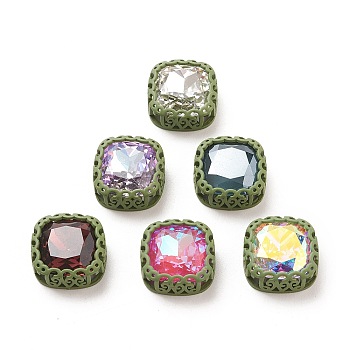 Sew on Rhinestone, Glass Rhinestone, with Brass Findings, Garments Accessories, Square, Mixed Color, Dark Olive Green, 21.5x21x10mm, Hole: 2.5mm and 3mm