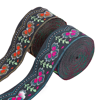 AHANDMAKER 2 Rolls 2 Colors Ethnic Style Embroidery Polyester Ribbons, Jacquard Ribbon, Garment Accessories, Floral Pattern, Mixed Color, 1-1/4 inch(33mm), 275.6 inch/roll, 1roll/color