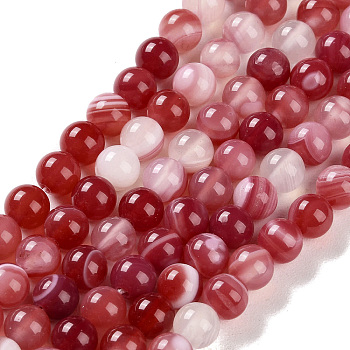 Natural Striped Agate/Banded Agate Beads Strands, Dyed, Round, Indian Red, 6mm, Hole: 0.8mm, about 32pcs/strand, 7.60''(19.3cm)