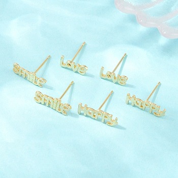 Brass Stud Earrings, Word, Cadmium Free & Lead Free, Long-Lasting Plated, Rack Plating, Real 18K Gold Plated, 5x10.5~15mm