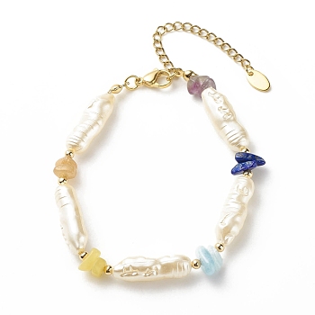 ABS Imitation Pearl & Natural Mixed Gemstone Chips Beaded Bracelet for Women, 7-5/8 inch(19.5cm)
