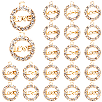 Elite 30Pcs Zinc Alloy Crystal Rhinestone Pendants, Ring with Word Love, Golden, 21x18x2mm, Hole: 2mm