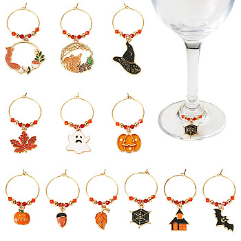 12Pcs Halloween Theme Glass Wine Glass Charms, with Alloy Enamel Charms  Brass Wine Glass Charms Ring, Mixed Color, 48~63mm