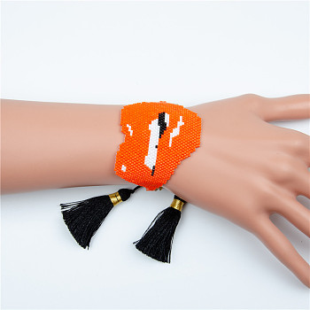 Miyuki Seed Braided Bead Bracelet with Double Tassel and Pearl, Big Sexy Lip Friendship Bracelet for Women, Orange, 11 inch(28cm)