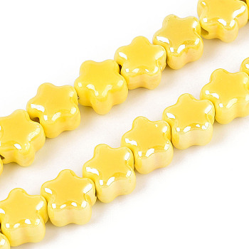Handmade Porcelain Bead Strands, Plum Blossom, Bright Glazed Porcelain, Gold, 10.5~11x11~11.5x7.5~8mm, Hole: 1.8~2mm, about 32pcs/strand, 13.19 inch(33.5cm)