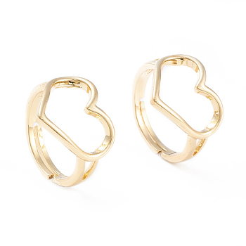 Adjustable Brass Finger Rings, Open Heart Rings, Long-Lasting Plated, Real 18K Gold Plated, US Size 6(16.5mm)