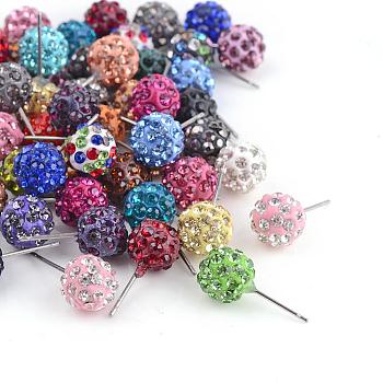 Ball Stud Earrings, Six Rows Handmade Polymer Clay Rhinestone Earrings, with Iron Pins, Mixed Color, 9~10mm, Pin:1mm