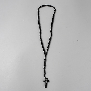 Jesus Cross Pinewood Pendant Polyester Cord Rosary Bead Necklaces for Men Women, Black, 22.83 inch(58cm)