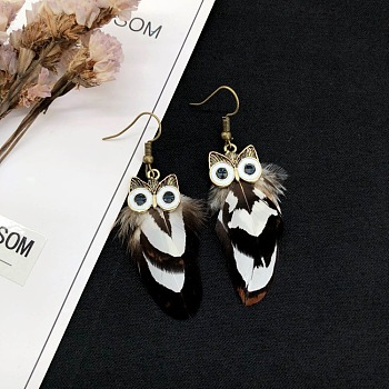 Alloy Owl with Feather Dangle Earrings, Long Drop Earrings for Women, Black, 50x50mm