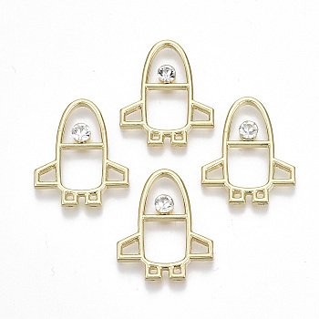 Rack Plating Alloy Open Back Bezel Cabochons, For DIY UV Resin, Epoxy Resin, Pressed Flower Jewelry, with Rhinestone, Cadmium Free & Lead Free, Rocket, Light Gold, 24.5x20.5x3.5mm