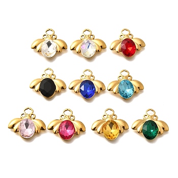 304 Stainless Steel Pendants, with Rhinestone, Real 18K Gold Plated, Ion Plating(IP), Bees, Mixed Color, 17x19x4.5mm, Hole: 3.5x2mm