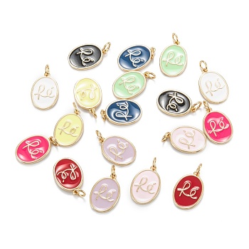 Brass Enamel Pendants, Real 18K Gold Plated, Long-Lasting Plated, Oval with RE, Mixed Color, 16.5x11.5x1.5mm, Hole: 3mm, Jump Ring: 5x0.8mm