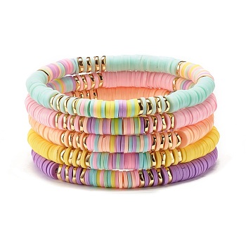 Synthetic Hematite & Polymer Clay Heishi Beads Stretch Bracelets Set, Yoga Surfering Stackable Bracelets for Women, Mixed Color, Inner Diameter: 2-1/8 inch(5.25cm), 5pcs/set
