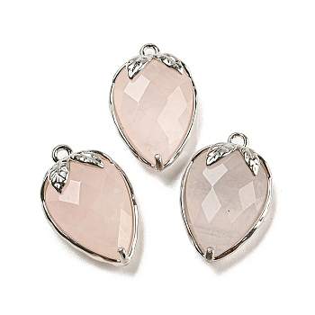 Natural Rose Quartz Faceted Pendants, Rack Plating Brass Strawberry Charms, Platinum, 18x11x5~5.5mm, Hole: 1.2mm