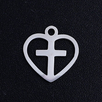 201 Stainless Steel Hollow Charms, Crosslet Heart Charms, Heart with Cross, Stainless Steel Color, 12x12x1mm, Hole: 1.5mm
