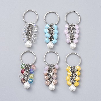 Electroplate Glass Beads Cluster Keychain, with Glass Pearl Round Beads, Alloy & Iron Findings, Mixed Color, 63mm