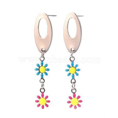 Boucles d'oreilles pendantes longues ovales en émail fleuri(EJEW-N049-05B)-2