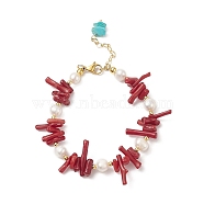Synthetic Coral & Natural Pearl Beaded Bracelet with Synthetic Turquoise(Dyed) Charms, Gemstone Jewelry for Women, Red, 7-3/8 inch(18.6cm)(BJEW-TA00229)