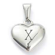 304 Stainless Steel Pendants, Heart with Black Letter, Stainless Steel Color, Letter.X, 16x16x4.5mm, Hole: 7x3mm(STAS-P278-01X-P)