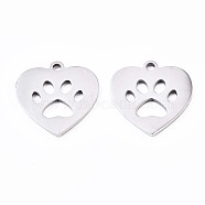 201 Stainless Steel Pet Pendants, Laser Cut Pendants, Heart with Dog Footprint, Stainless Steel Color, 15x14.5x1mm, Hole: 1.4mm(STAS-S110-093P)