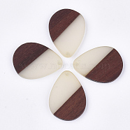 Resin & Walnut Wood Pendants, Teardrop, Floral White, 36x26.5x3~4mm, Hole: 2mm(RESI-S358-95K)