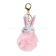 Cute Rabbit PU Leather & Imitate Rex Rabbit Fur Ball Keychain, with Alloy Clasp, for Bag Car Key Decoration, Pink, 16.5~16.9cm(KEYC-C005-02A)