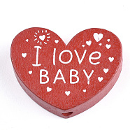 Natural Wood Beads, Dyed, Heart with Word I Love Baby, For Valentine's Day, Red, 23x29x7mm, Hole: 2.5mm(WOOD-T012-06E)