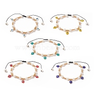 Glass Seed & Natural Pearl Braided Bead Bracelets, Evil Eye Lampwork Charm Bracelet for Women, Mixed Color, Inner Diameter: 2-1/8~4 inch(5.5~10cm)(BJEW-JB09208)