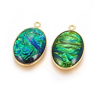 Synthetic Ammolite Pendants, with Brass Findings, Oval, Golden, Green, 30x19x5~6mm, Hole: 2mm(G-F610-10G)