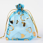 Heart Printed Organza Bags, Gift Bags, Rectangle, Light Sky Blue, 12x10cm(OP-R022-10x12-01)
