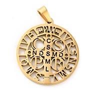 201 Stainless Steel Pendant, Saint Benedict Medal, with Word CssmlNdsmd, Golden, 32.5x29.5x1.7mm, Hole: 7x4mm(STAS-E015-14G)